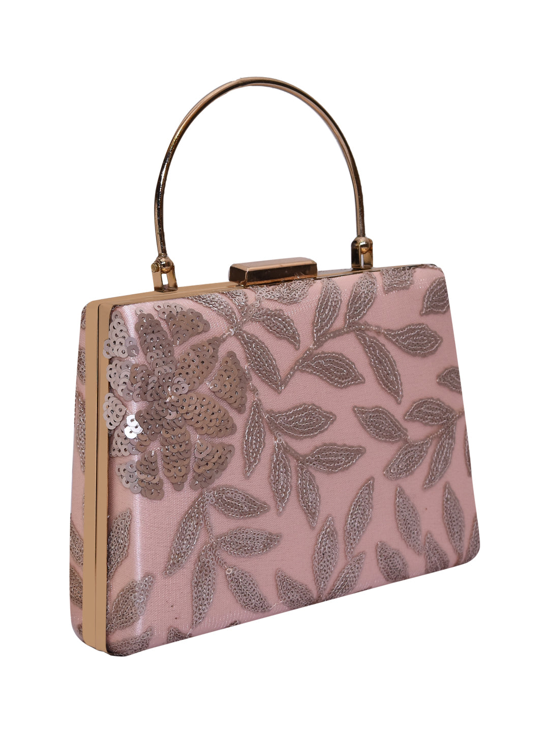 Horra Sequin Leaf Design Casual Clutch with Detachable Chain Sling Pink