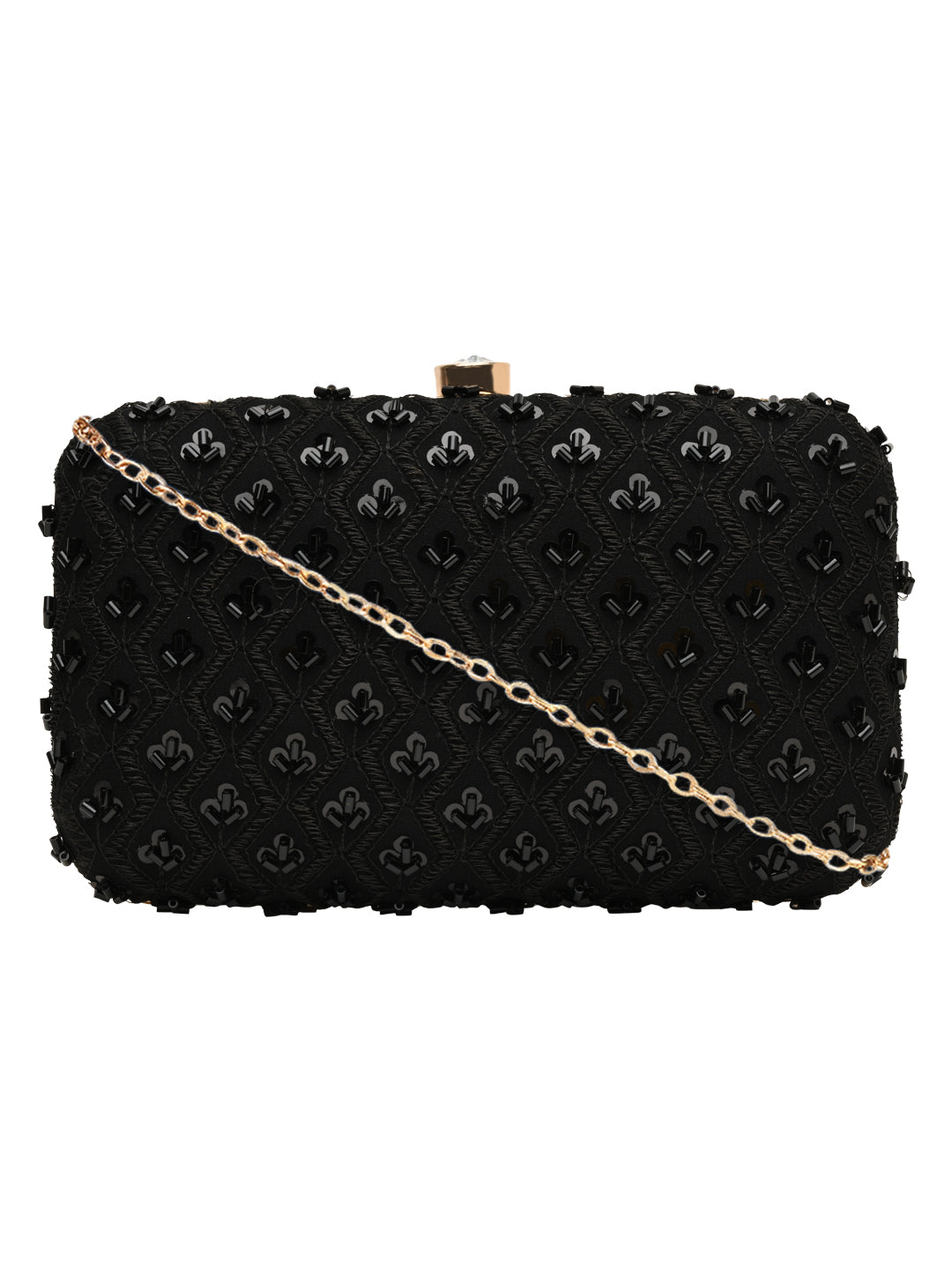 Horra Embellished Sequin Silk Party Clutch - Black