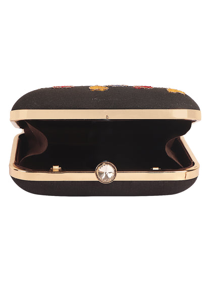 HORRA EMBROIDERED BOX CLUTCH BLACK WITH DETACHABLE CHAIN