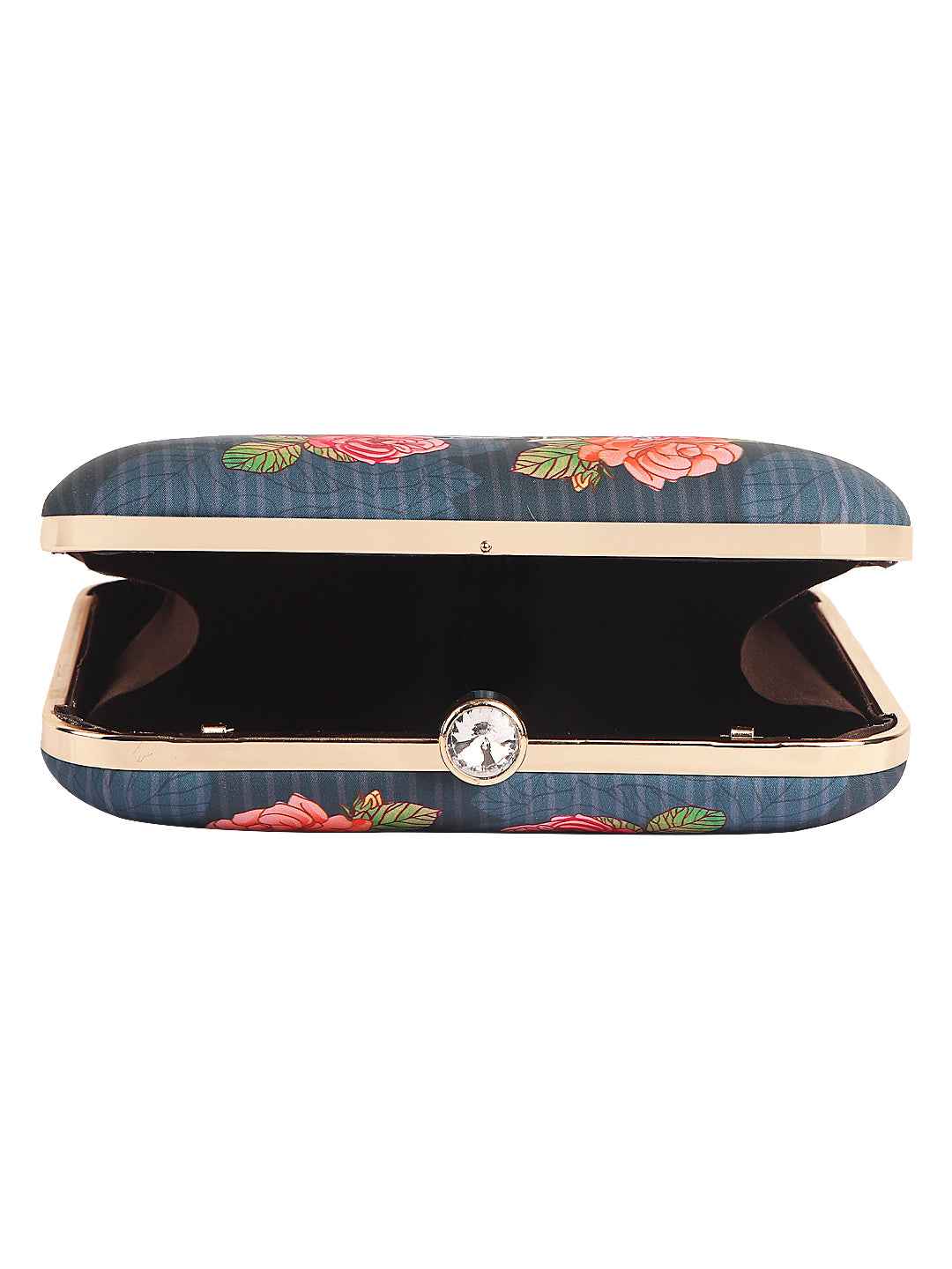 HORRA ROSE PRINT BOX CLUTCH BLUE WITH DETACHABLE CHAIN