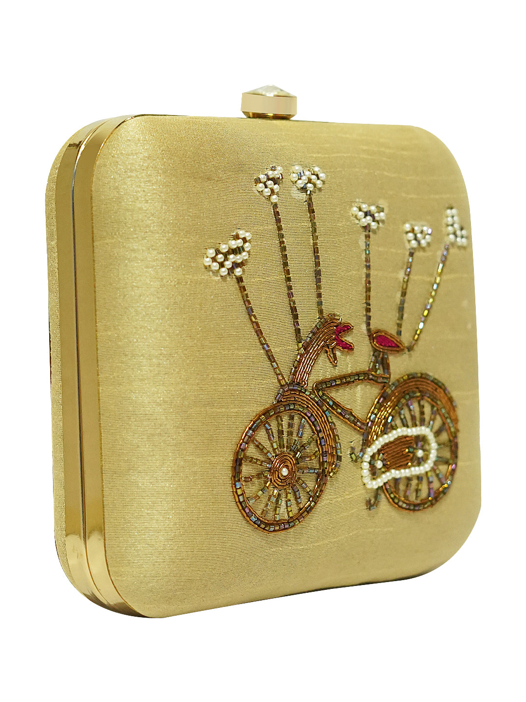 HORRA EMBROIDERED BOX CLUTCH LIGHT GOLD WITH DETACHABLE CHAIN