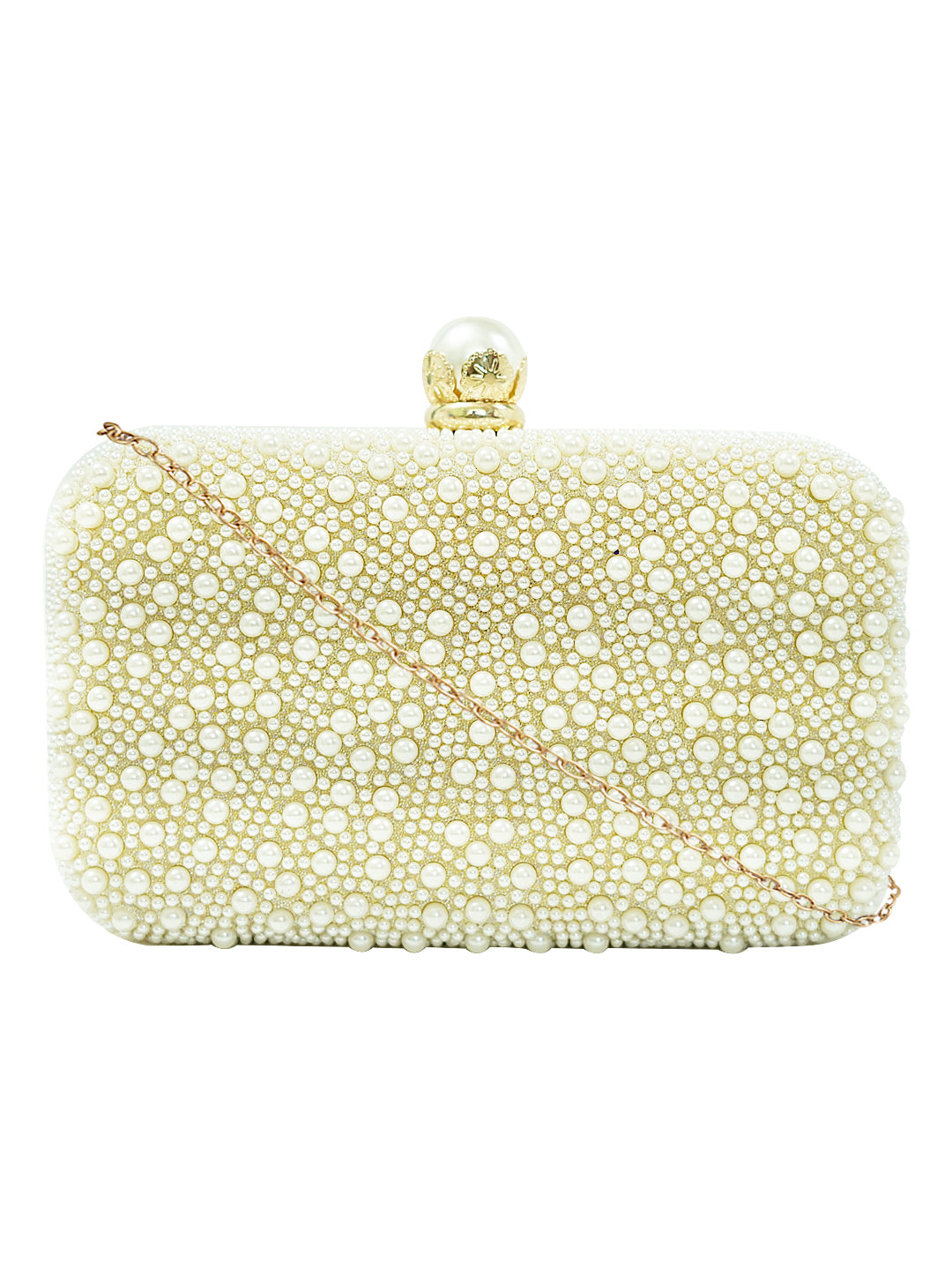 HORRA PEARL DESIGN PARTY CLUTCH WITH DETACHABLE CHAIN CREAM