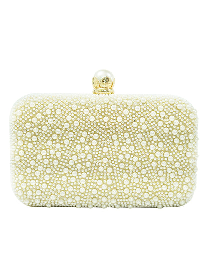 HORRA PEARL DESIGN PARTY CLUTCH WITH DETACHABLE CHAIN CREAM