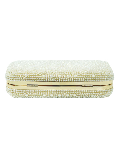 HORRA PEARL DESIGN PARTY CLUTCH WITH DETACHABLE CHAIN CREAM