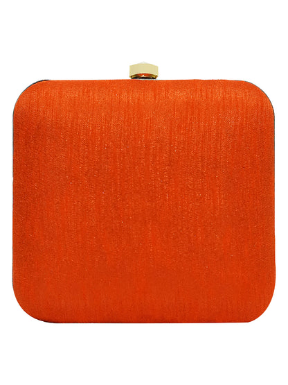 HORRA ZARI WORK BOX CLUTCH ORANGE WITH DETACHABLE CHAIN