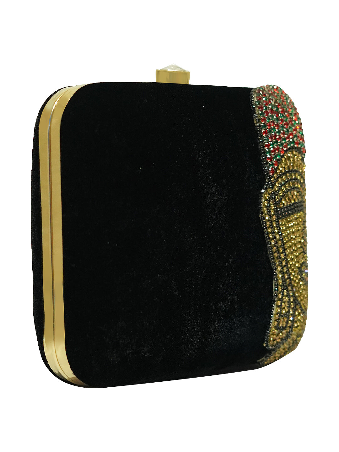 HORRA VELVET STONE WORK BOX CLUTCH BLACK WITH DETACHABLE CHAIN