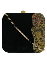 HORRA VELVET STONE WORK BOX CLUTCH BLACK WITH DETACHABLE CHAIN