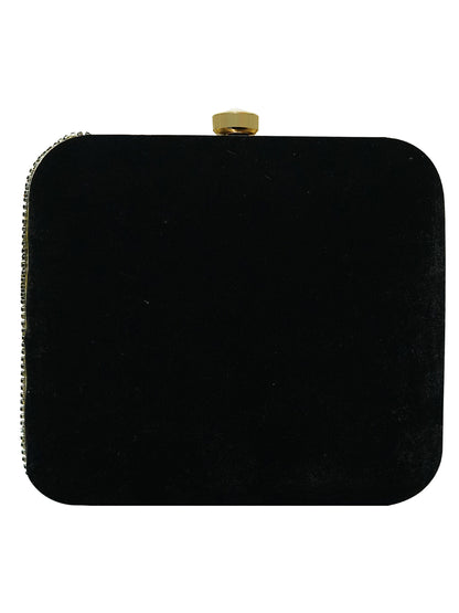 HORRA VELVET STONE WORK BOX CLUTCH BLACK WITH DETACHABLE CHAIN