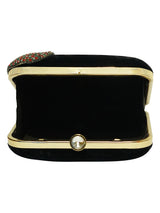 HORRA VELVET STONE WORK BOX CLUTCH BLACK WITH DETACHABLE CHAIN