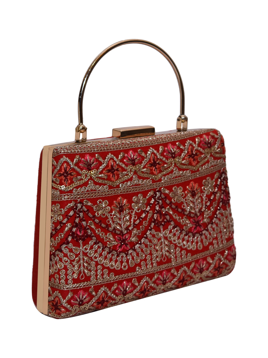 Horra Zari Work Party Clutch With Detachable chain Sling Red