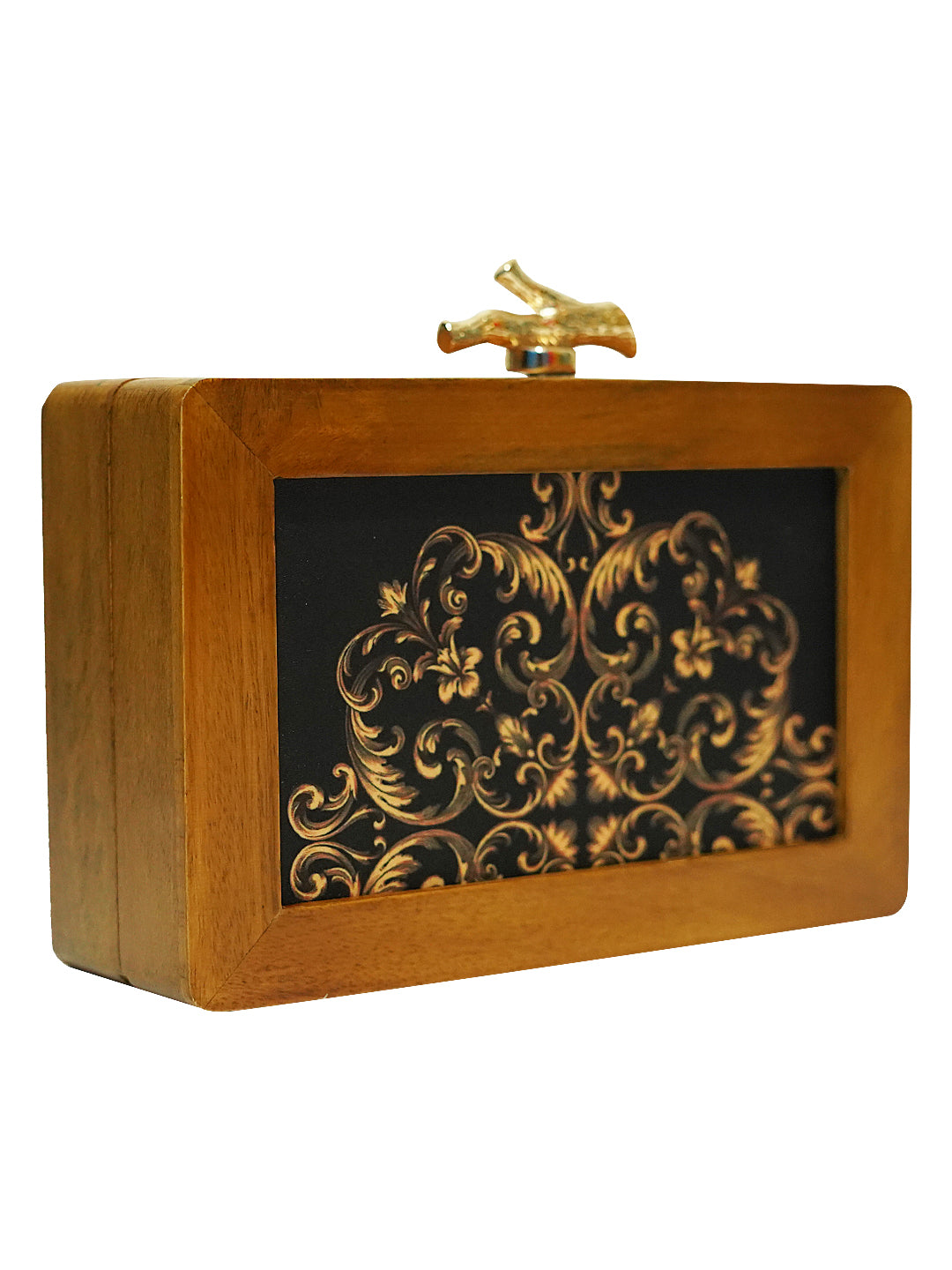 HORRA DESIGN PRINT WOODEN BOX CLUTCH BRONZE WITH DETACHABLE CHAIN