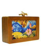 HORRA BUDDHA DESIGN PRINTED WOODEN BOX CLUTCH SKY BLUE WITH DETACHABLE CHAIN