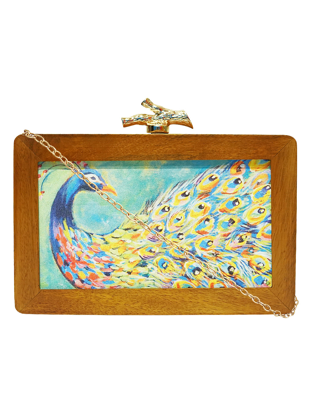 HORRA PEACOCK PRINT WOODEN BOX CLUTCH GREEN WITH DETACHABLE CHAIN