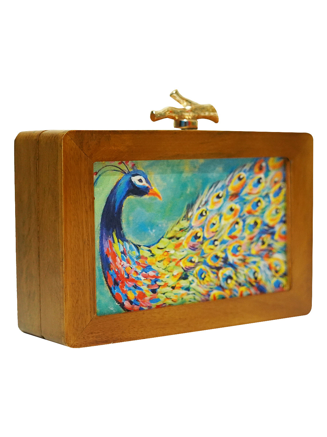 HORRA PEACOCK PRINT WOODEN BOX CLUTCH GREEN WITH DETACHABLE CHAIN