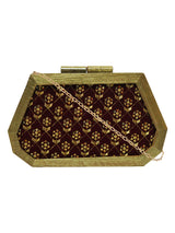 HORRA ZARI WORK WOODEN BOX CLUTCH MAROON WITH DETACHABLE CHAIN