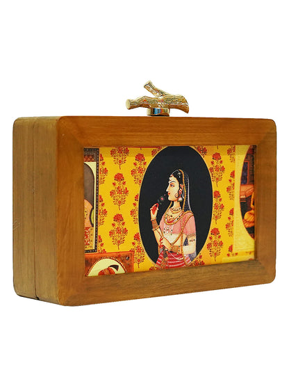 HORRA QUEEN PRINT WOODEN BOX CLUTCH YELLOW WITH DETACHABLE CHAIN