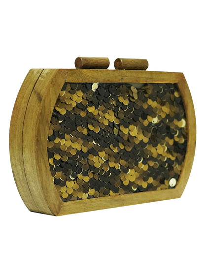 HORRA SEQUIN WORK WOODEN BOX CLUTCH GOLD WITH DETACHABLE CHAIN