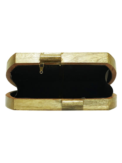 HORRA SEQUIN WORK WOODEN BOX CLUTCH GOLD WITH DETACHABLE CHAIN