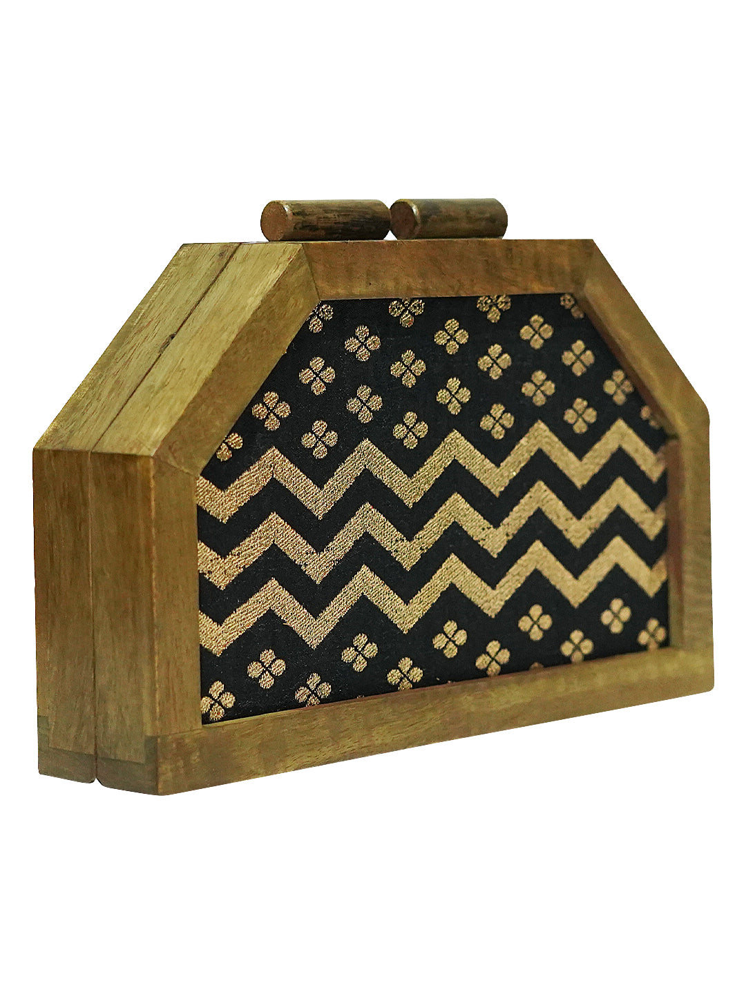 HORRA ZARI WORK WOODEN BOX CLUTCH BLACK WITH DETACHABLE CHAIN