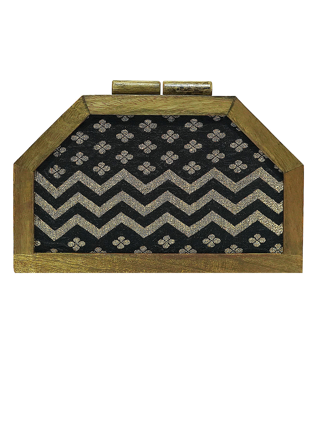 HORRA ZARI WORK WOODEN BOX CLUTCH BLACK WITH DETACHABLE CHAIN