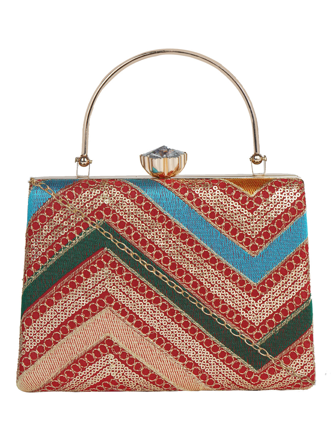 HORRA MULTICOLOR ZIG ZAG PARTY CLUTCH WITH HANDLE AND DETACHABLE CHAIN SLING