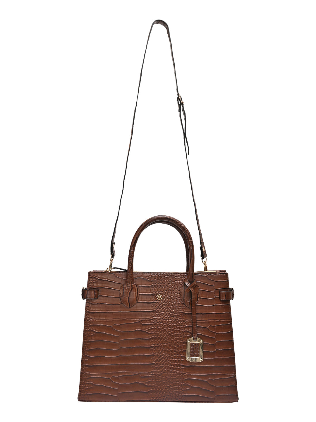 Horra Structured Croco Handbag with Detachable Sling Strap - Brown