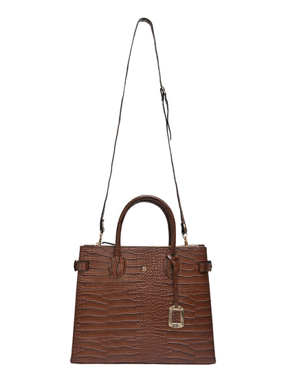 Horra Structured Croco Handbag with Detachable Sling Strap - Brown