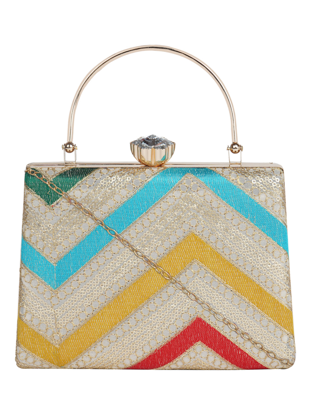 HORRA MULTICOLOR ZIG ZAG PARTY CLUTCH WITH HANDLE AND DETACHABLE CHAIN SLING