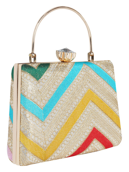 HORRA MULTICOLOR ZIG ZAG PARTY CLUTCH WITH HANDLE AND DETACHABLE CHAIN SLING