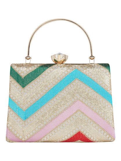 HORRA MULTICOLOR ZIG ZAG PARTY CLUTCH WITH HANDLE AND DETACHABLE CHAIN SLING